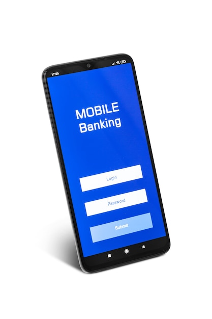 Smartphone avec l'application pour le nom d'utilisateur et le mot de passe personnels utilisés pour le compte bancaire mobile