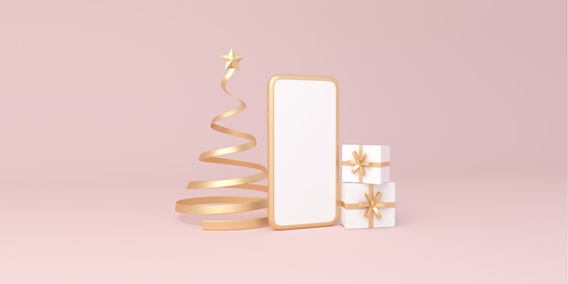 Smartphone avec arbre en spirale Noël et boîte de cadeaux sur fond rose. illustration 3D.