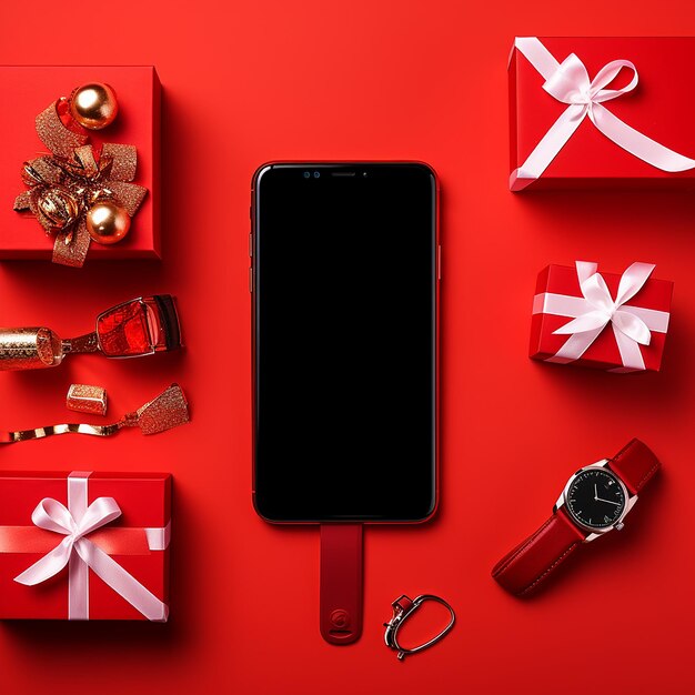 Photo smartphone avec boîte cadeau et accessoires