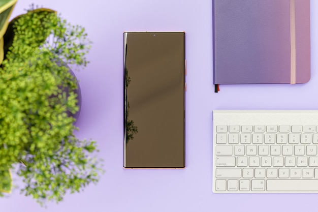 Photo smartphone sur un bureau de travail avec une plante de table verte clé large et un journal rendu en 3d arrière-plan