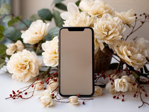 Un smartphone avec un cadre noir est sur une table avec des fleurs