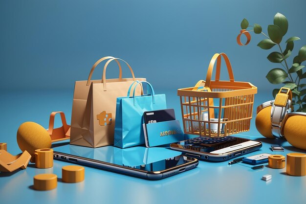 Photo smartphone avec carte de crédit achat en ligne sac d'achat et panier concept de commerce électronique sur fond bleu illustration 3d