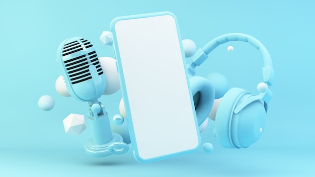 Smartphone avec casque bleu et microphone en rendu 3d