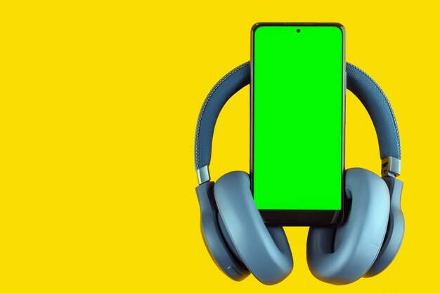 Smartphone avec casque sans fil sur fond coloré, concept de vide pour la conception ou la maquette