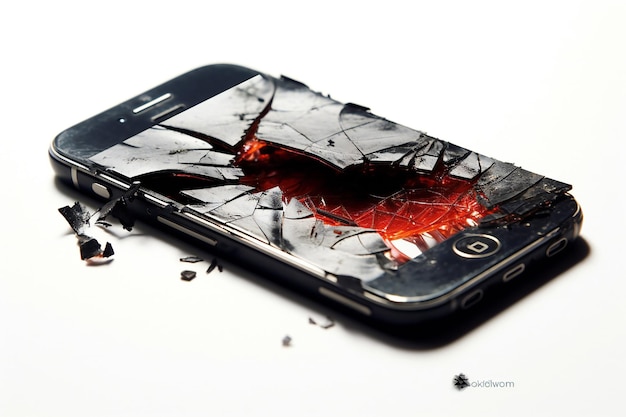 Un smartphone cassé sur un fond blanc
