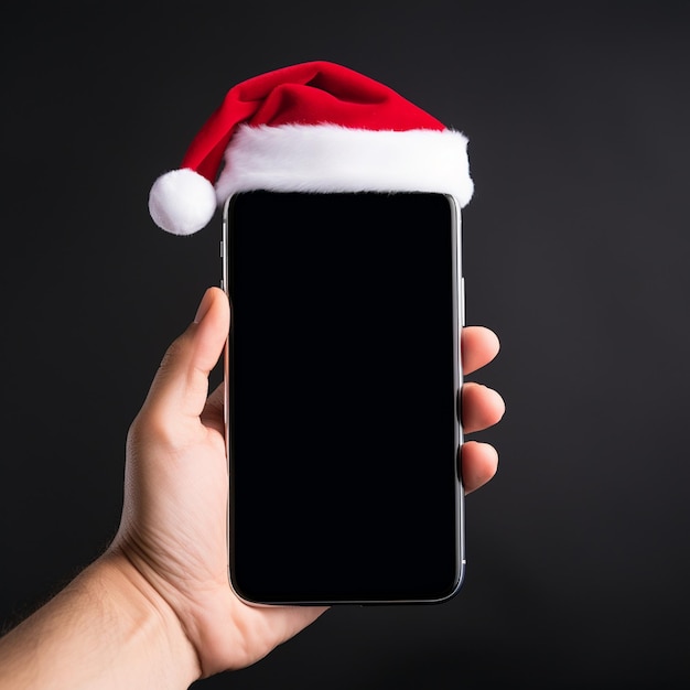 Smartphone avec un chapeau de Père Noël isolé sur fond noir