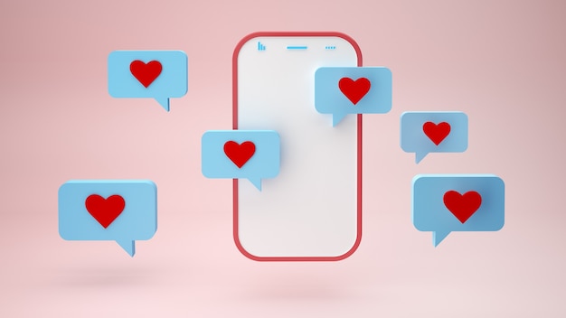 Smartphone et coeur signe des bulles de notification sur fond rose d illustration