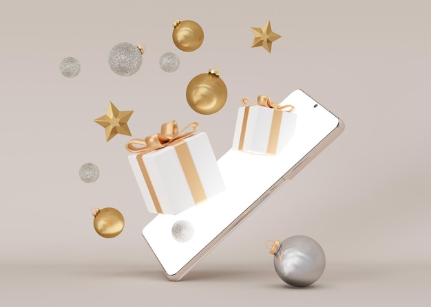 Smartphone avec coffrets cadeaux volants et décoration de Noël sur fond beige Shopping avec smartphone achat de cadeaux en ligne Achats de Noël sur Internet Vente de Noël Nouvel an rendu 3D