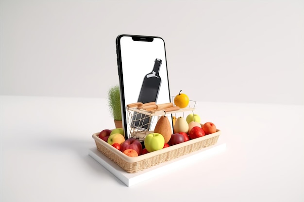 Smartphone avec dans le concept de livraison du panier Service pour l'application de livraison Marché alimentaire dans le smartphone Boutique en ligne Concept de fond de livraison de nourriture Boutique en ligne dans votre smartphone Panier