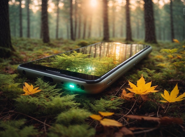 Photo smartphone dans la forêt dans laquelle le monde autour de vous est visible à travers l'objectif