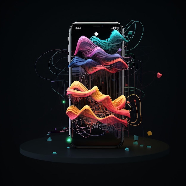 Smartphone avec dessin abstrait fil coloré sur fond noir Illustration