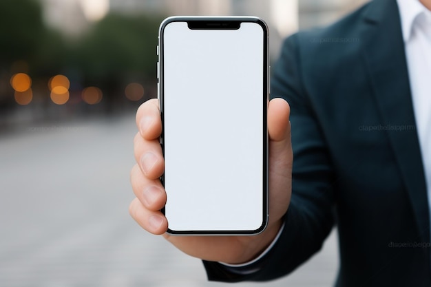 smartphone à écran blanc à la main