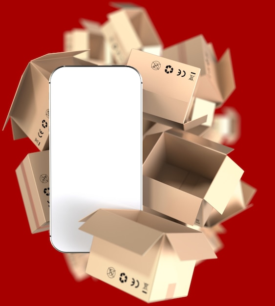 Photo smartphone avec écran blanc et nombreuses boîtes en papier