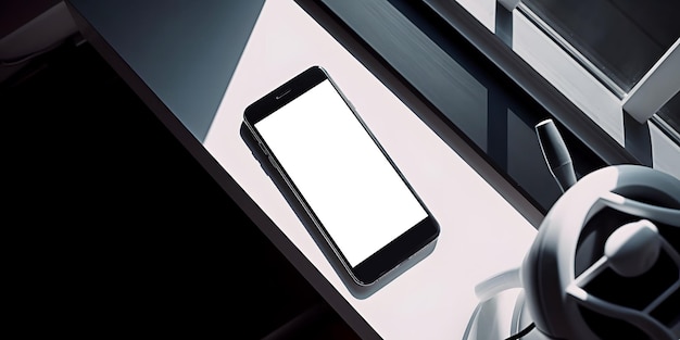 Un smartphone avec un écran blanc vierge dans un cadre noir se trouve sur le rebord de la fenêtre, vue d'en haut