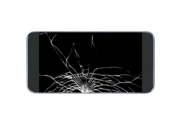 Smartphone avec écran cassé isolé sur fond blanc. Concept de téléphone de réparation.