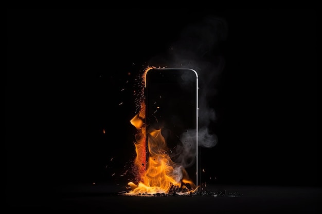 Le smartphone est montré englouti par les flammes