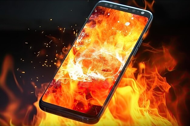 Le smartphone est montré englouti par les flammes