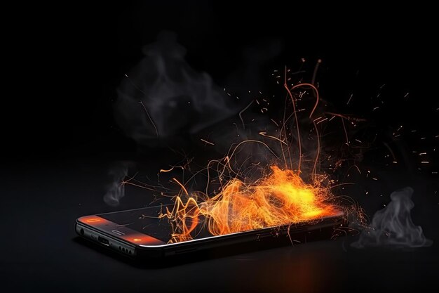 Un smartphone est montré englouti par les flammes.