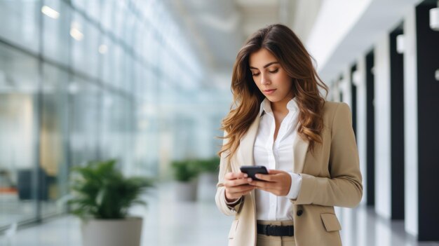 Smartphone de femme d'affaires sur fond d'espace intérieur de bureau flou blanc