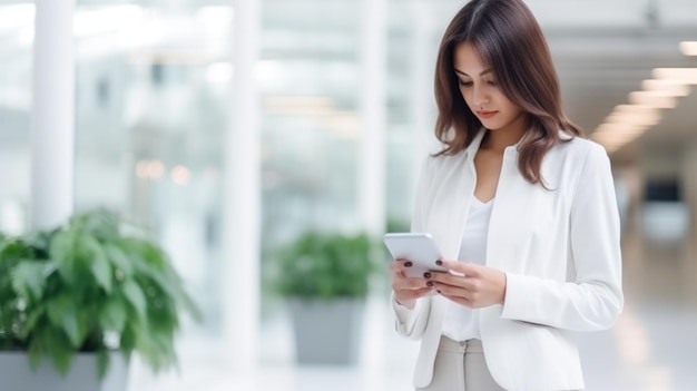 Smartphone de femme d'affaires sur fond d'espace intérieur de bureau flou blanc