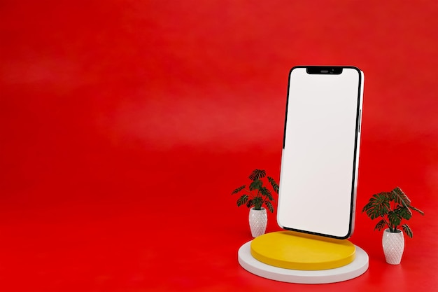 Smartphone flottant avec écran vide sur la vue latérale droite du podium avec deux plantes fond rouge