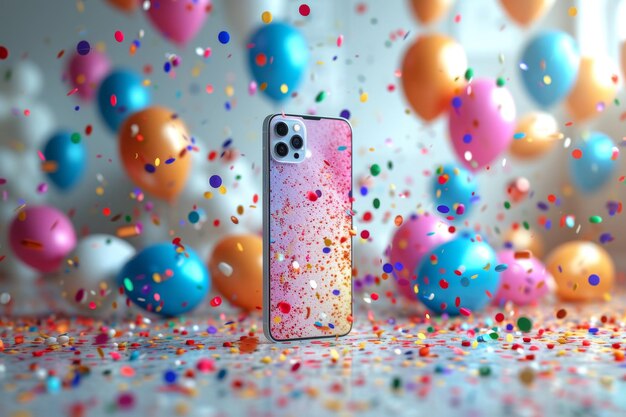 Smartphone sur le fond de ballons de fête et de confetti Le concept de shopping et de vacances