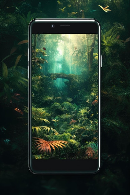 Smartphone avec fond d'écran nature se fondant dans une forêt créée avec une IA générative