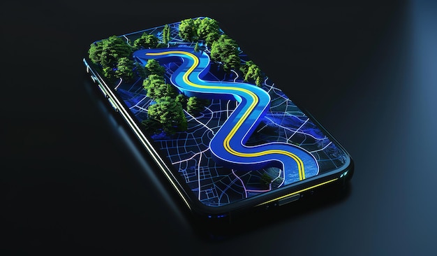 Un smartphone futuriste affichant un paysage vibrant avec une rivière sinueuse et une verdure luxuriante au milieu de réseaux numériques complexes