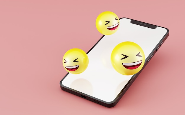 Smartphone avec icône emoji visage riant rendu 3d