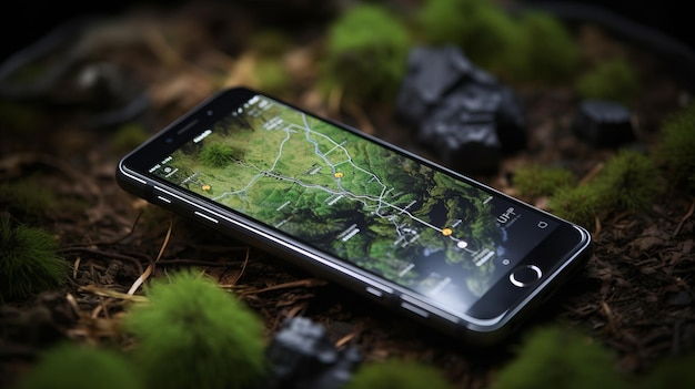 Photo smartphone avec icône de navigateur gps et carte au milieu de la forêt