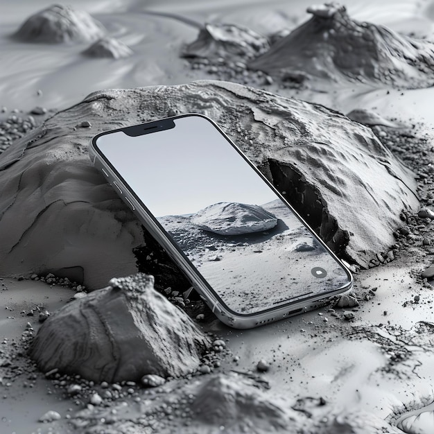 Smartphone immergé dans un paysage lunaire surréaliste monochrome tech art image conceptuelle combinant la technologie avec la nature AI