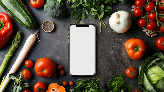 Photo smartphone et légumes frais la technologie répond à la planification d'une nutrition saine