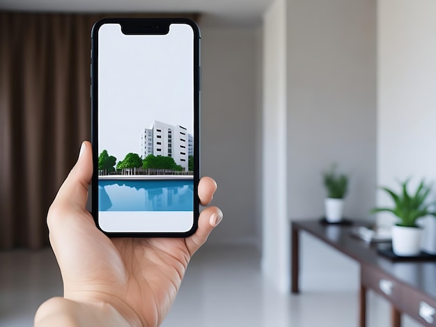 Smartphone à la main avec écran blanc vide nouvel appartement ou chambre d'hôtel en arrière-plan App to f