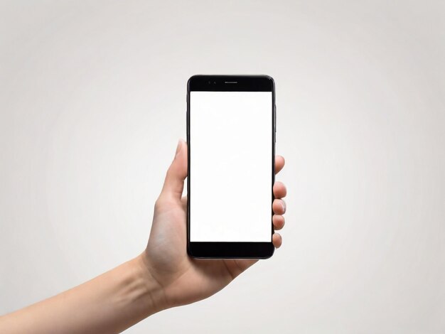 Smartphone à la main avec un écran vide isolé sur un fond blanc