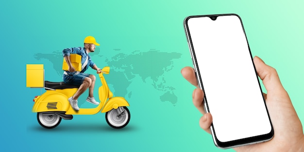 Smartphone en main et livreur rapide sur un scooter jaune. Concept de livraison, commande en ligne, livraison de nourriture, dernier kilomètre, bannière, modèle.