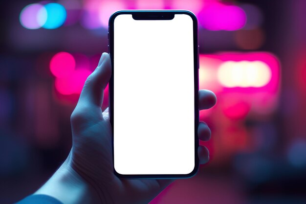 Smartphone avec maquette d'écran vide dans la ville de nuit avec des néons Generative Ai