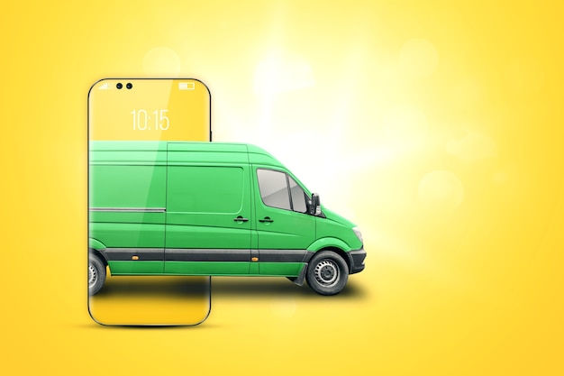 Photo smartphone et minibus vert sur fond jaune. concept de livraison, commande en ligne, application téléphonique, déménagement. livraison en voiture partout.