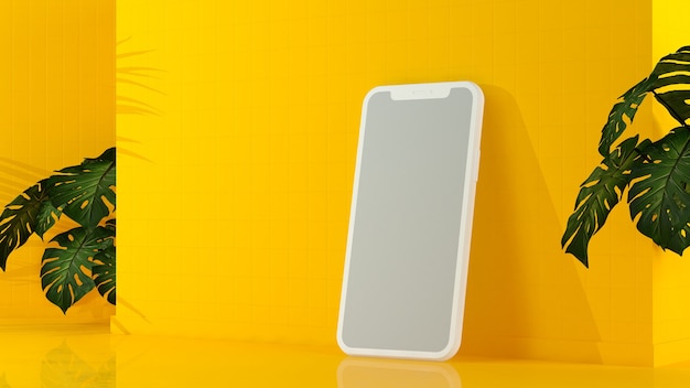 Smartphone moderne dans un écran gris sur un mur jaune
