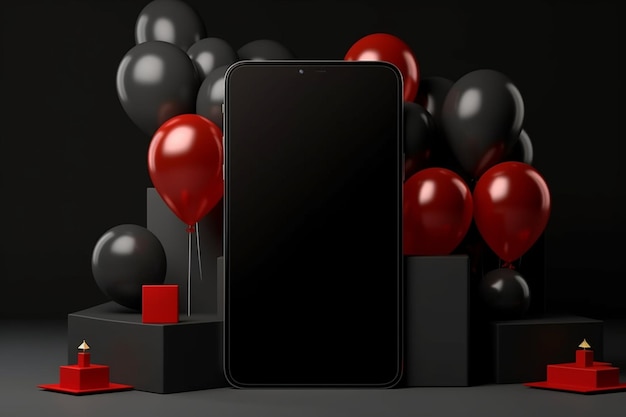 un smartphone noir avec des ballons rouges et noirs en arrière-plan.