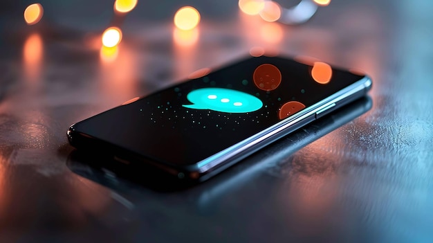 Un smartphone noir élégant avec une bulle de chat bleu vif sur l'écran repose sur une surface réfléchissante Des lumières chaudes défoulées brouillent l'arrière-plan