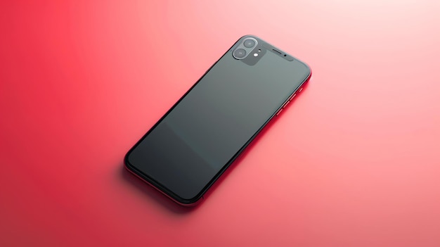 Un smartphone noir élégant avec un fond rouge Le téléphone est à un léger angle montrant son profil mince et sa finition brillante