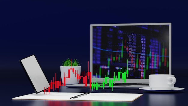 Smartphone et ordinateur portable avec pièce d'or et bougie d'échange marché boursier investissement en crypto-monnaie rendu 3D