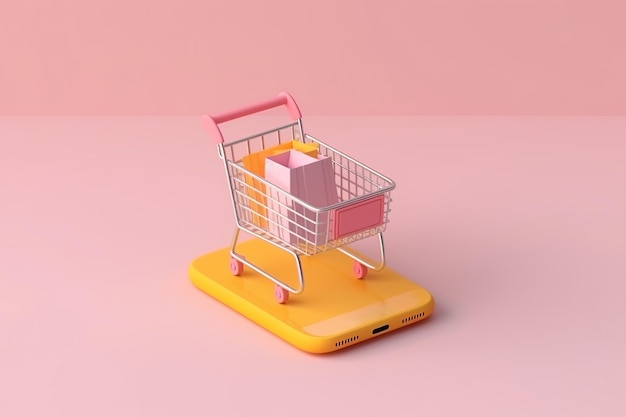 Smartphone avec panier d'achat style de rendu 3D AI Illustration générée