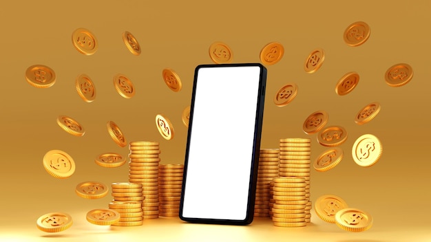 Smartphone avec pile de pièces d'or concept de gestion des affaires en ligne avec rendu 3D de téléphone portable
