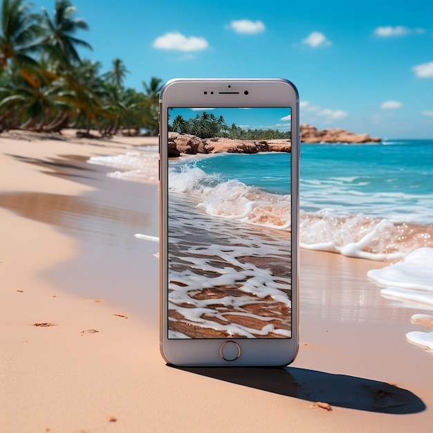 Photo smartphone sur une plage isolée sur un fond blanc