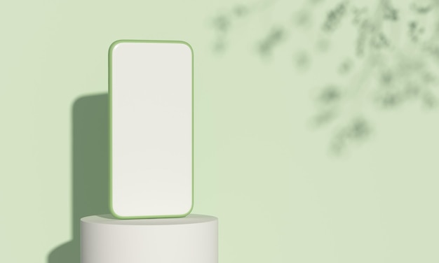 Smartphone sur le podium de la plate-forme avec lumière naturelle sur fond vert Concept de produits écologiques