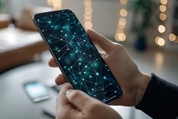 Smartphone à portée de main avec la technologie Network dots créée avec l'intelligence artificielle générative