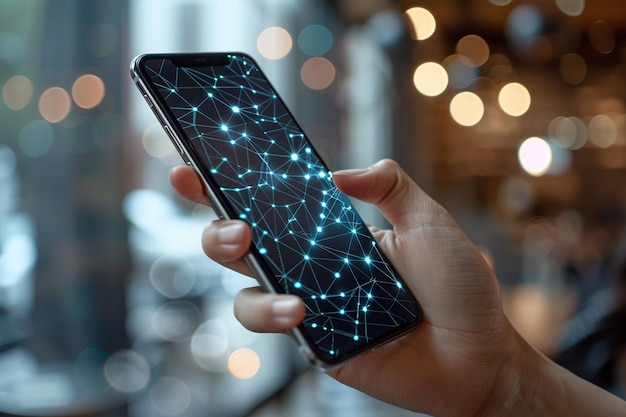 Smartphone à portée de main avec la technologie Network dots créée avec l'intelligence artificielle générative