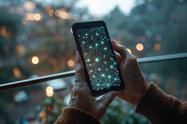 Smartphone à portée de main avec la technologie Network dots créée avec l'intelligence artificielle générative