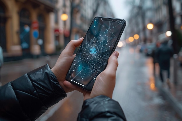 Smartphone à portée de main avec la technologie Network dots créée avec l'intelligence artificielle générative